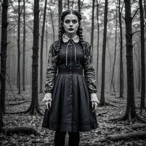 Woman in Wednesday Addams Outfit in Forest