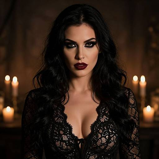 Photograph of a dark-haired woman with dramatic makeup, wearing a black lace top, centered against a dimly lit background with candles.