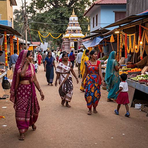 Photograph of a bustling Indian market street with women in colorful sarees, a child in a red dress, and vibrant stalls adorned with orange marig