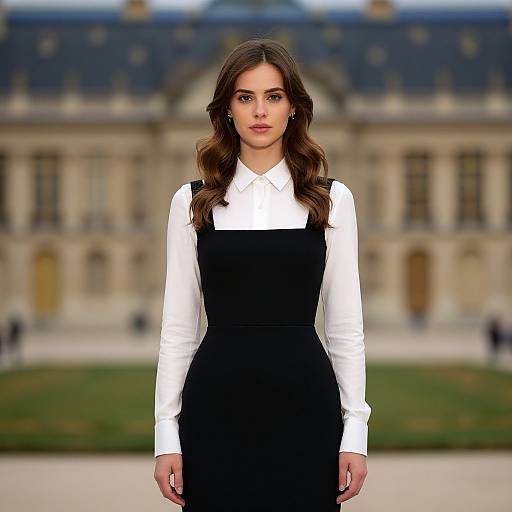Photograph of a brunette woman with wavy hair, wearing a white long-sleeve blouse and black dress, standing in front of a blurred,