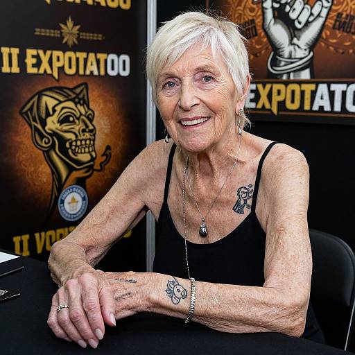 Photograph of an elderly white woman with short white hair, wearing a black tank top, smiling, with tattoos on her arm and chest, sitting at