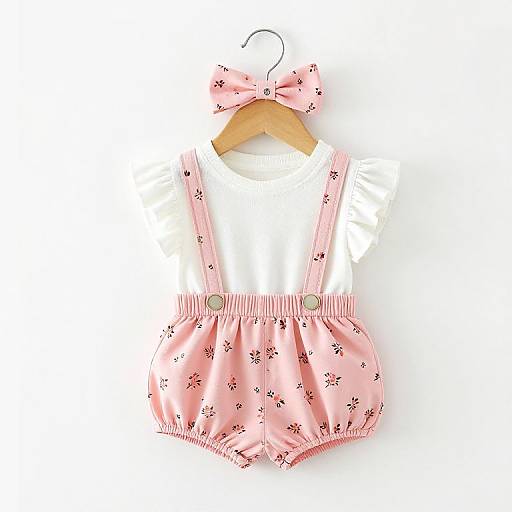 Photograph of pink floral baby outfit with suspenders, bow tie, white shirt, wooden hanger, against white background.