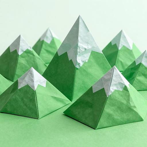 Photograph of multiple green, triangular paper sculptures with reflective silver tips, arranged in a cluster on a bright green background.