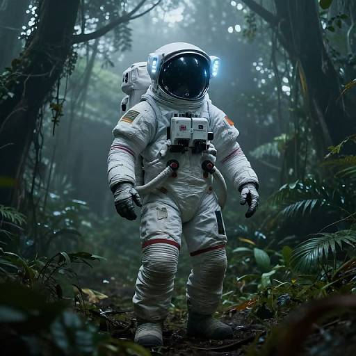Photograph-style CGI of an astronaut in a white spacesuit with a glowing helmet, standing in a dense, misty jungle.