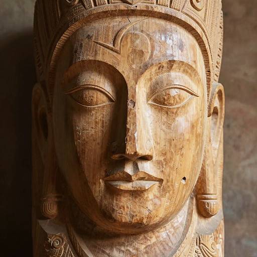 Intricately Carved Wooden Face Sculpture
