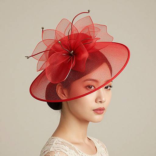 Photograph of an Asian woman with fair skin, wearing a white lace top and a vibrant red, mesh fascinator hat adorned with floral accents and small