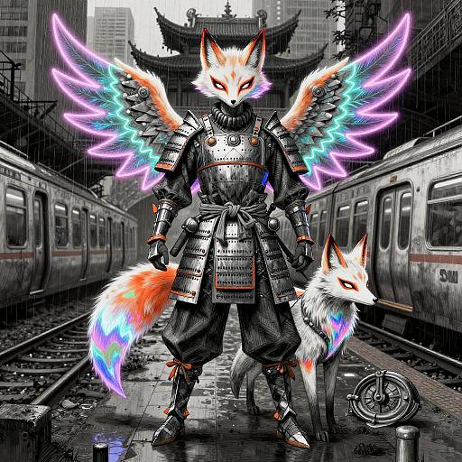 Neon-Winged Samurai Fox Subway Temple
