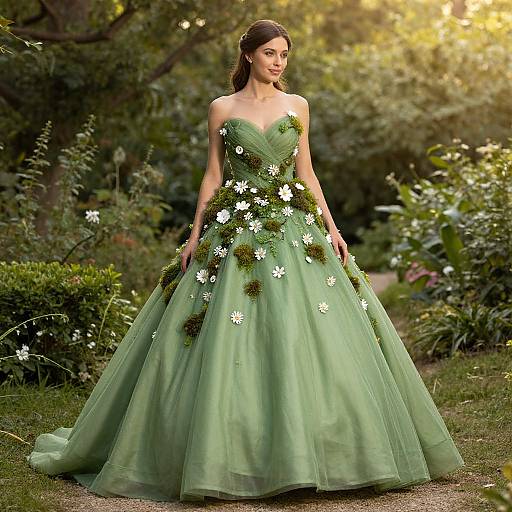 Elegant Woman in Moss Embellished Gown