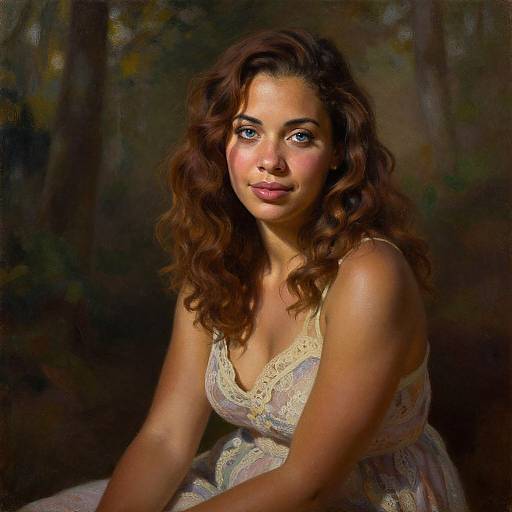 Photorealistic painting of a beautiful woman with wavy brown hair, blue eyes, and fair skin, wearing a lace dress, seated against a dark