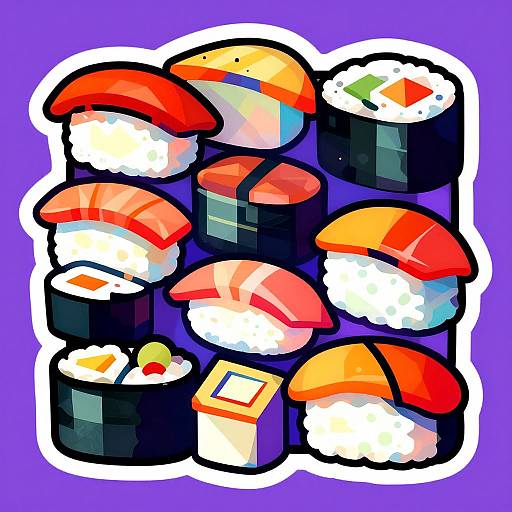 Colorful digital illustration of eight sushi rolls with various toppings including salmon, tuna, and avocado, stacked against a purple background.