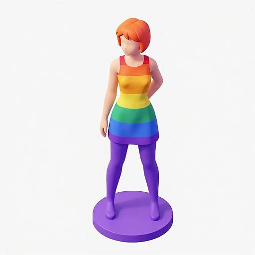 3D digital figurine of a red-haired woman in a sleeveless rainbow dress, purple tights, and purple shoes, standing on a purple base
