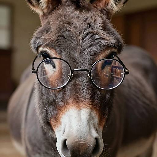 Close-up photograph of a brown donkey with black-rimmed glasses, focusing on its expressive eyes and white snout, set indoors.