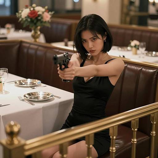 Intense Woman with Gun in Restaurant Scene