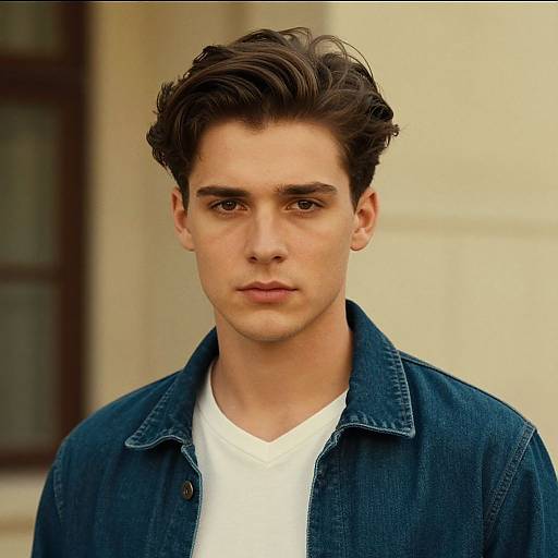 Photograph of a young, fair-skinned man with dark, wavy hair, wearing a blue denim jacket over a white V-neck shirt, looking