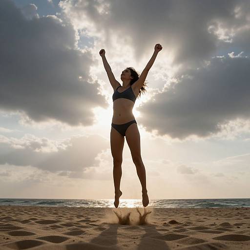 Photograph of a woman in a black bikini, jumping with arms raised, silhouetted against a bright, cloudy sunset on a sandy beach.