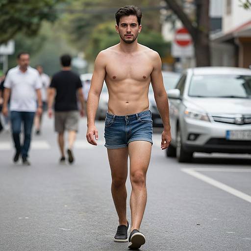 Shirtless Man Walking Down Street