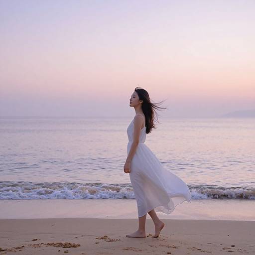Photograph of a barefoot Asian woman in a flowing white dress walking along a serene beach at sunset, waves gently touching the shore.