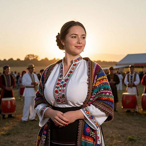 Photograph of a fair-skinned woman with brown hair in a traditional, colorful embroidered dress, standing at sunset during a folk festival with other culturally dressed