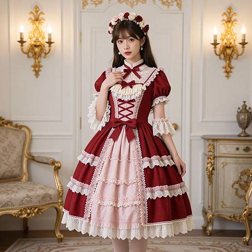 Photograph of an Asian woman in a Victorian-style, red and white lace dress with puffed sleeves, standing in an ornate, gold-accent
