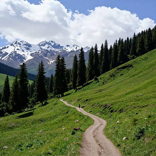 Photograph of a winding dirt path through a lush green meadow, bordered by pine trees, leading to snow-capped mountains under a bright blue sky