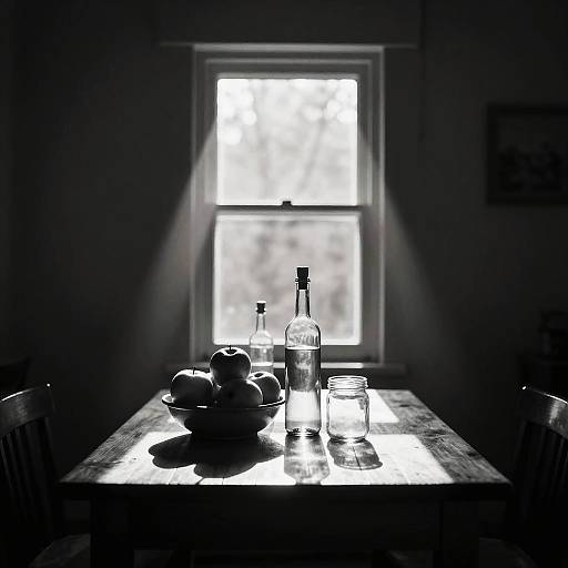 Moody B&W Interior with Sunlit Table