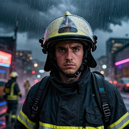 Photograph of a serious male firefighter in a yellow helmet and black uniform, standing in a rainy urban night scene with blurred colorful lights in the background.