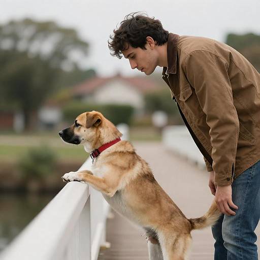 Man and Dog on a Scenic Bridge