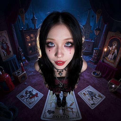 Digital artwork of a pale, black-haired, gothic girl with blue eyes, blood on face, wearing dark lace, standing in a dimly lit