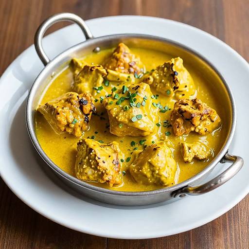 Photograph of a silver saucepan filled with yellow curry chicken, garnished with chopped green herbs, on a white plate, set on a wooden table