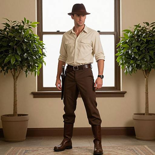 Photograph of a handsome man in a fedora, beige shirt, brown pants, and boots, standing with a gun, flanked by potted