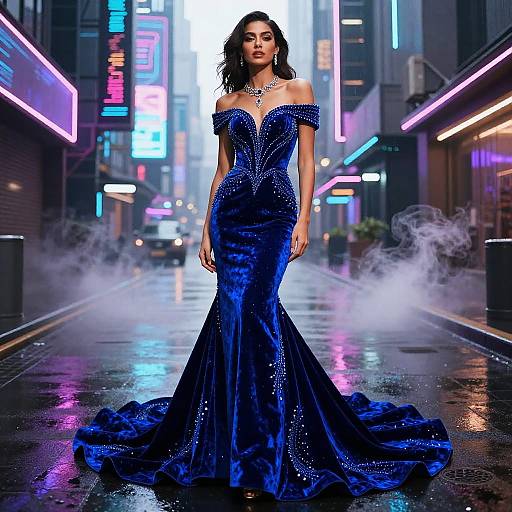 Woman in Sapphire Velvet Mermaid Gown in Neon Cyberpunk Alley