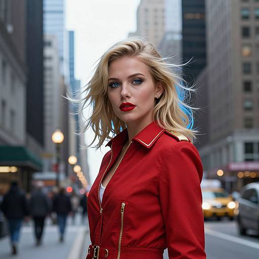Photograph of a blonde woman with blue eyes, wearing a red jacket, standing in a bustling city street with tall buildings and yellow taxis in the background