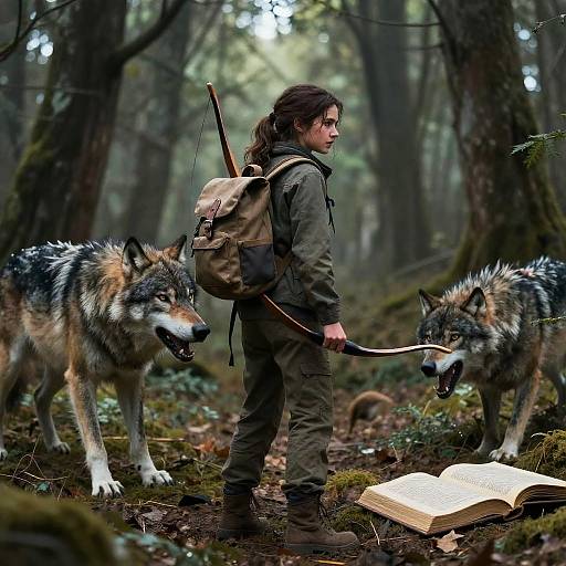 Photograph-style digital artwork: Young man with long brown hair, green jacket, and backpack, standing in forest, holding leash to two wolves, open