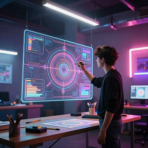 Photograph of a young man with curly brown hair, wearing a black shirt, drawing a neon-lit circuit diagram on a glass screen in a modern