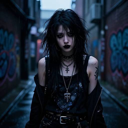 Gothic woman with dark, messy hair, black lipstick, and multiple necklaces, wearing a leather top, standing in a graffiti-covered alleyway