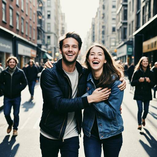 Happy Young Couple Walking in City Street