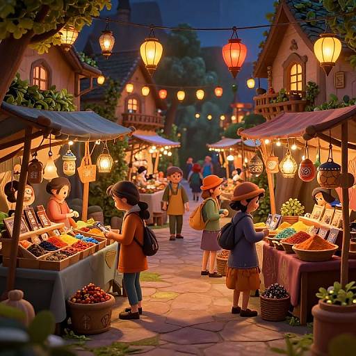 Whimsical evening market scene: colorful lanterns, children browsing stalls, warm lights, quaint wooden shops, baskets of fruits and toys, vibrant,