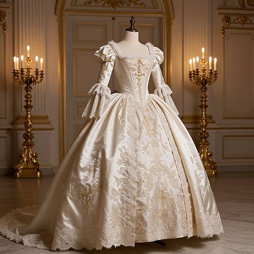 Photograph of an elegant, cream-colored, Victorian-style ball gown with intricate gold embroidery, puffed sleeves, and lace trim, displayed on a man