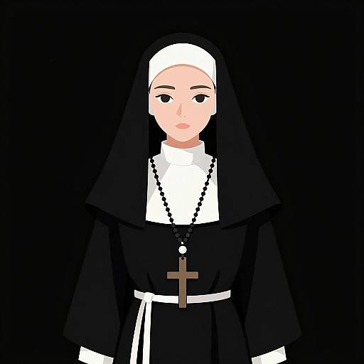 Digital drawing of a pale-skinned nun with black habit, white wimple, and cross necklace, set against a solid black background.