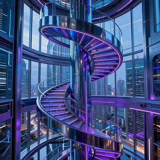 Photograph of a futuristic, spiral, illuminated steel staircase with purple neon lights in a high-rise building, overlooking a cityscape at dusk.