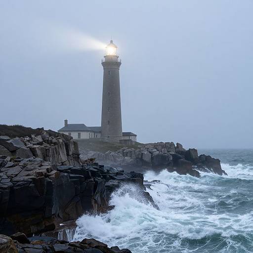 Photograph of a tall, stone lighthouse illuminated by sunlight, standing on a rocky cliff with crashing waves in a misty, overcast sky.
