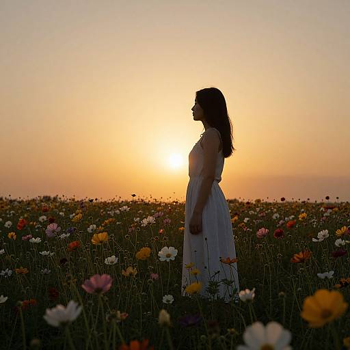 Silhouetted woman in white dress standing in colorful flower field at sunset, golden sky, vibrant flowers, serene atmosphere. Photograph.