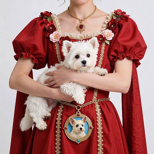 Photograph of a woman in a red, ornate, Victorian-style dress holding a white fluffy puppy, wearing a gold pendant with the puppy's picture