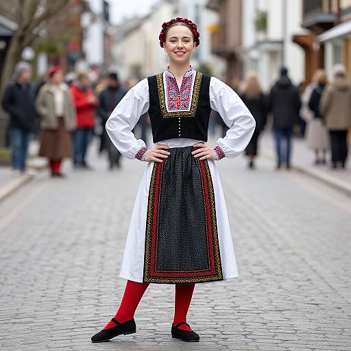 Photograph of a smiling woman in traditional Polish dress with white blouse, black vest, red socks, black shoes, and embroidered apron, standing on