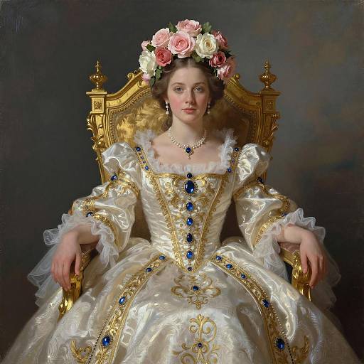 Regal Woman in Baroque Gown on Golden Throne