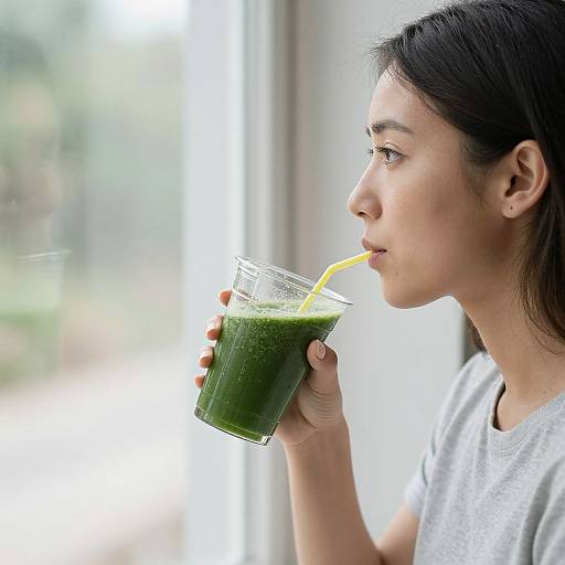 Woman Drinking Green Smoothie by Window