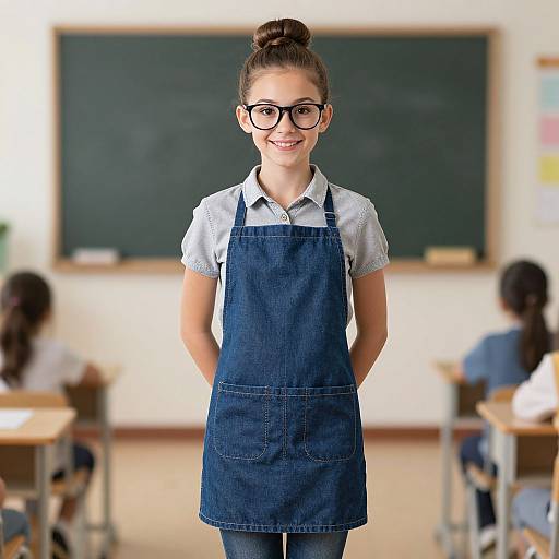 Photograph of a smiling young woman with glasses, brown hair in a bun, wearing a blue denim apron over a light blue shirt, standing in