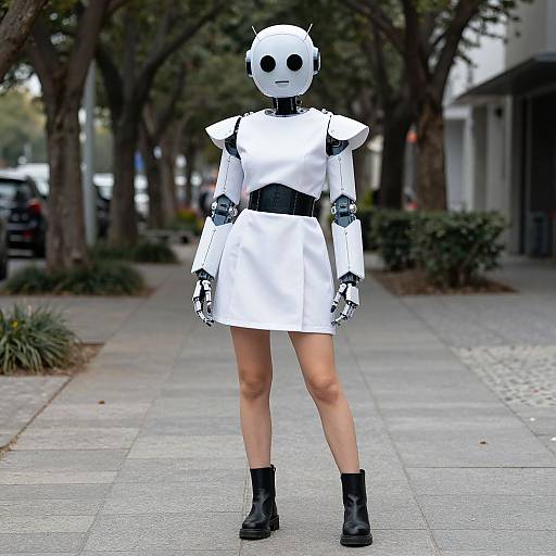 Photograph of a white robot costume with black accents, shoulder pads, and black boots, standing on a city sidewalk with trees and buildings in the background