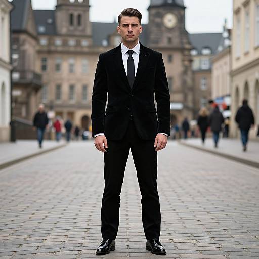 Man in Black Velvet Suit on Cobblestone Street