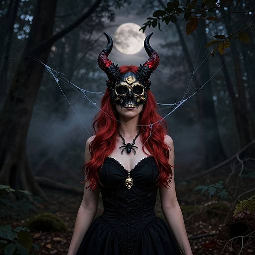 Photograph of a red-haired woman in a dark forest, wearing a black lace dress, horned skull mask, spider necklace, and spider web head